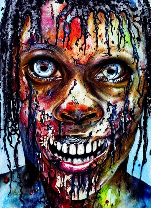 Image similar to african american zombie hollywood artwork professional acting headshot, hyperrealism, intricate detail, studio lighting, charming expression gesicht, hauntingly beautiful zombie, watercolor art, epic, legendary, drawn and painted, colored layers, dulled contrast, exquisite fine art, splatterpaint