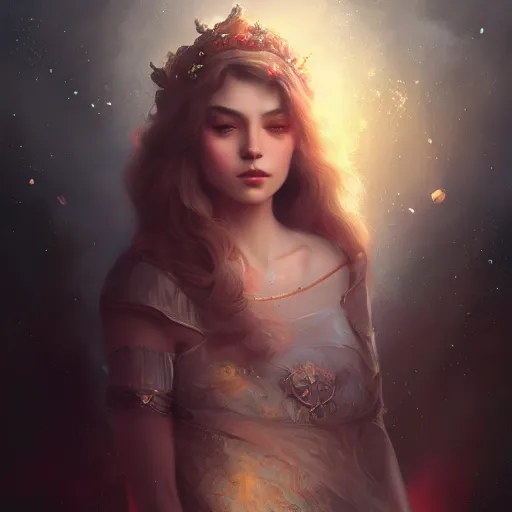 Image similar to A beautiful digital painting of a beautiful princess, the sky behind her, intricate, cinematic lighting, highly detailed, digital painting, Artstation, concept art, smooth, sharp focus, illustration, art by Tom Bagshaw, Artgerm and Greg Rutkowski