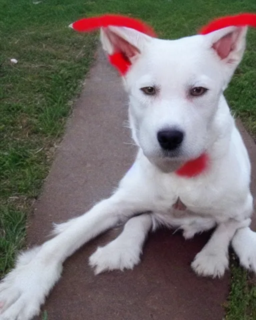 Prompt: a white dog with many red circles on his fur, very long ears
