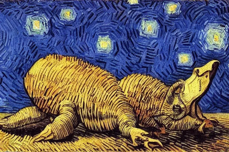 Image similar to an armadillo smoking a joint by van gogh,