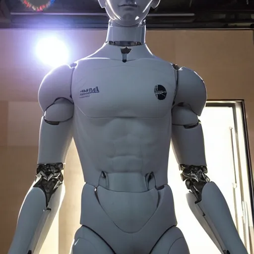 Image similar to a realistic detailed photo of a guy who is an attractive humanoid who is half robot and half humanoid, who is a male android, soccer player martin ødegaard, shiny skin, posing like a statue, blank stare, by the pool, on display, showing off his muscles, humanoid robot, frozen ice statue