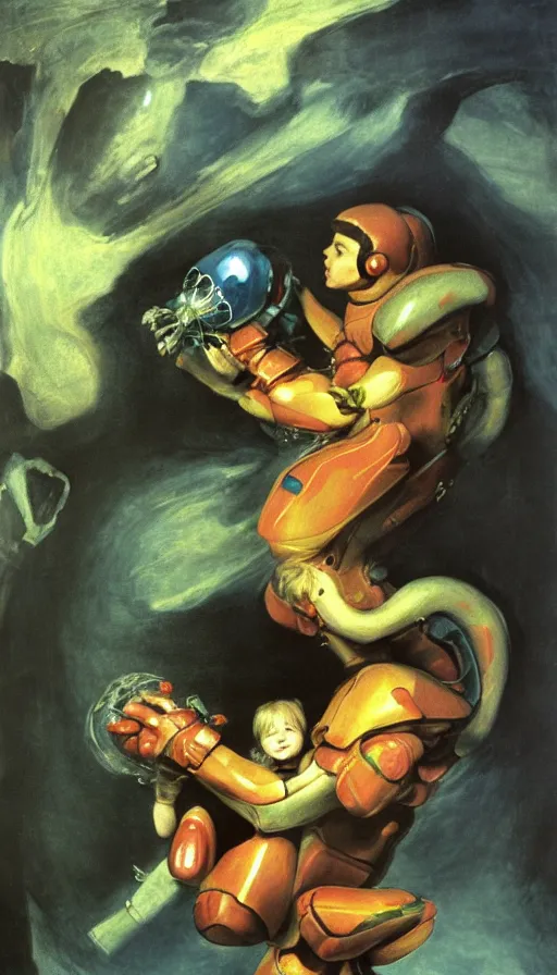 Prompt: samus devouring her metroid child a mural by francisco goya, painting by salvador martinez cubells, 4 k, high quality