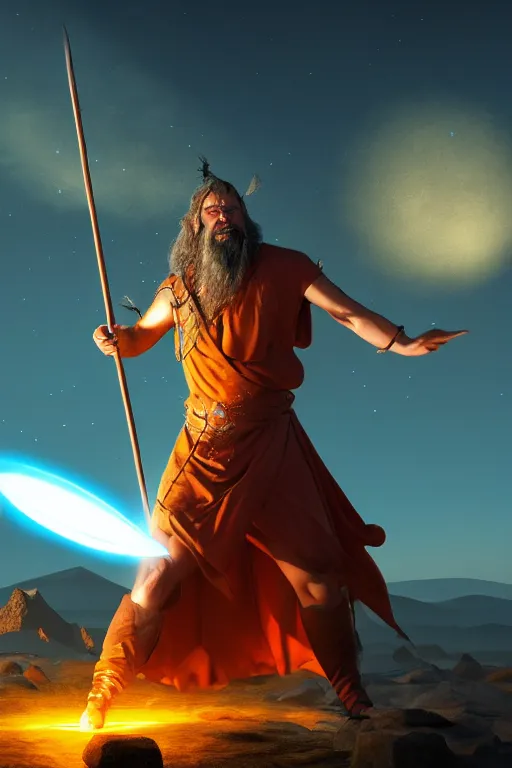 Image similar to levitating wizard wielding a spear opening a shining portal pulsating in the night sky, horizon of an erupting volcano, photorealistic, artstation, highly detailed