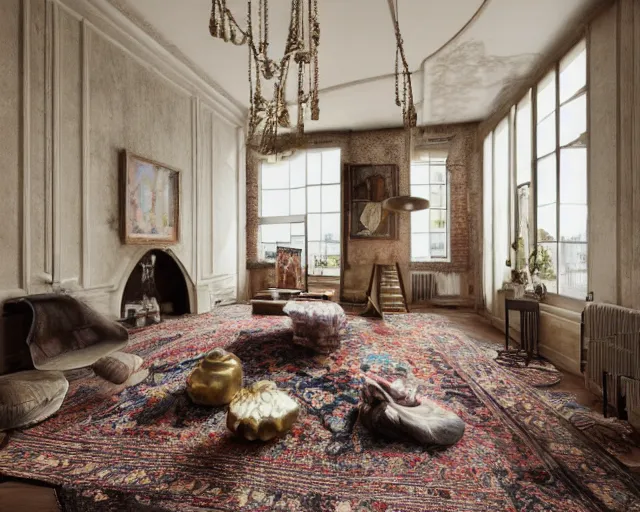 Prompt: a beautiful loft apartment with persian rugs and antique lamps designed by mark mills and nathaniel owings, interior design, architecture, key lighting, soft lights, by steve hanks, by edgar maxence, by caravaggio, by michael whelan, by delacroix, by serov valentin, by tarkovsky, 8 k render, detailed, oil on canvas