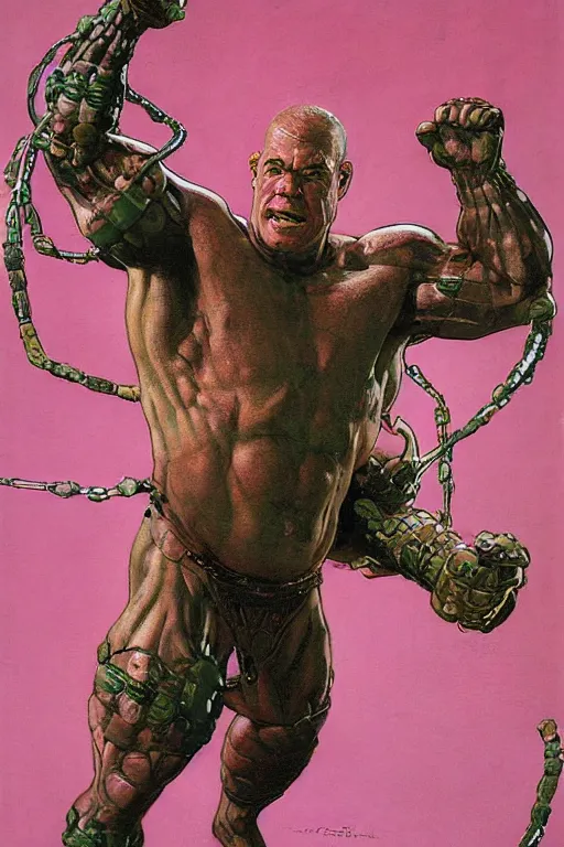 Prompt: head and torso portrait of jocko willink as huge superhero mutant warrior, dynamic action, pink and green, by lawrence alma tadema and zdzislaw beksinski and norman rockwell and tom lovell and greg staples and john william waterhouse