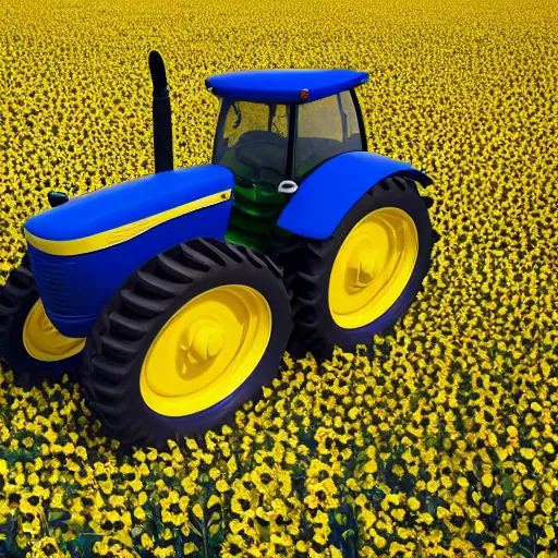 Image similar to a tractor with a ukrainian blue and yellow flag in a sunflower field by goro fujita, 3 d octane render, 8 k, trending on artstation