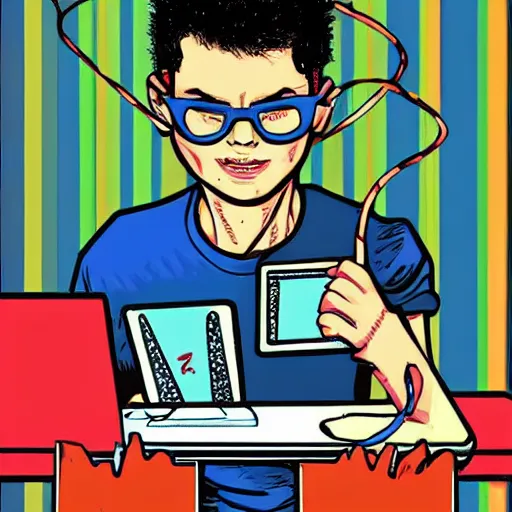 Image similar to illustration of a boy connected to his laptop with wires, highly detailed, by butcher billy