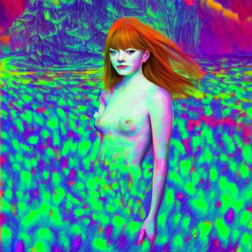 Prompt: surreal Emma Stone swimming in chromatic distortions in misty mysterious place, beautiful, psychedelic, lsd, trending on artstation, omnious, soft, artwork by Tran, Ross
