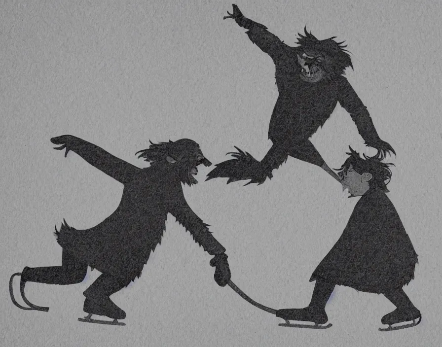 Prompt: book illustration of an ice skating troll, book illustration, monochromatic, white background, black and white image