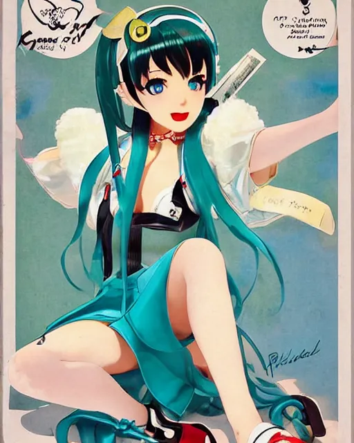 Prompt: Hatsune Miku full body pin up modeling in idol unioform, with a park in the back ground, post war style, detailed face, american postcard art style, by Gil Elvgren and Randolph Stanley Hewton and Charlie Bowater