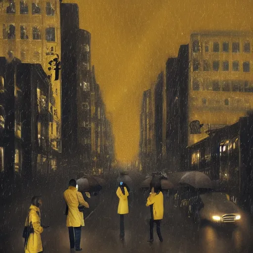 Prompt: A man in a yellow raincoat in a black city surrounded by people wearing brown rain coats. Dreary, dreamlike.