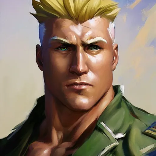 Image similar to greg manchess portrait painting of guile from street fighter as overwatch character, medium shot, asymmetrical, profile picture, organic painting, sunny day, matte painting, bold shapes, hard edges, street art, trending on artstation, by huang guangjian and gil elvgren and ross tran