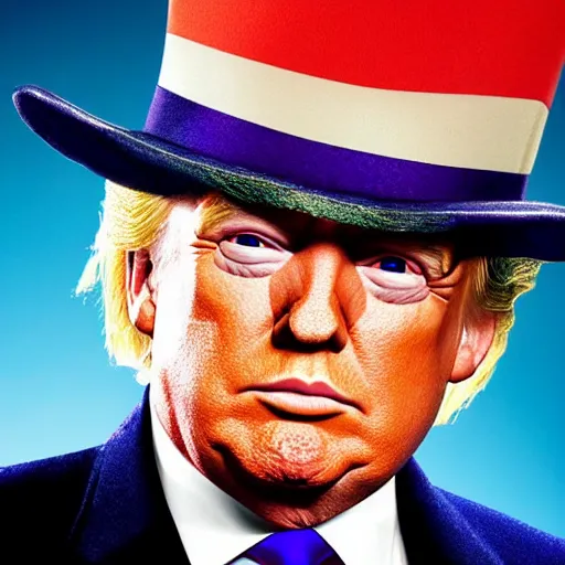 Image similar to portrait of donald trump as willy! wonka! in avengers movie, fantasy, splash art, avengers movie, movie still, detailed face, photorealistic facial features, cinematic lighting, dramatic, octane render, long lens, shallow depth of field, bokeh, anamorphic lens flare, 8 k, hyper detailed, 3 5 mm film grain