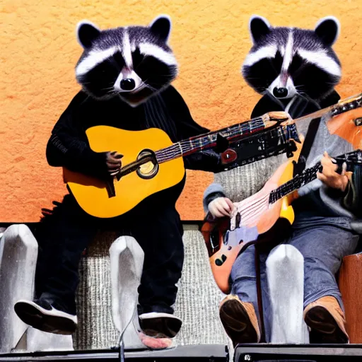 Prompt: Raccoons playing guitars on stage at a concert
