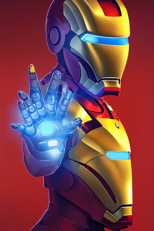 Image similar to Boris Johnson in the Iron Man suite wit no helmet on, visible face, Boris Johnson face, portrait, neon heart reactor, gold and blue, highly detailed, digital painting, artstation, concept art, smooth, sharp focus, illustration, cinematic lighting, art by artgerm and greg rutkowski and alphonse mucha