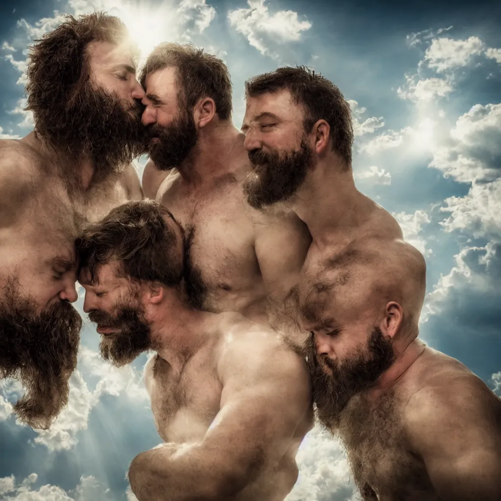 Image similar to hairy strongman angels kissing in the sky, photography, sunrays, clouds, high resolution, highly detailed, epic