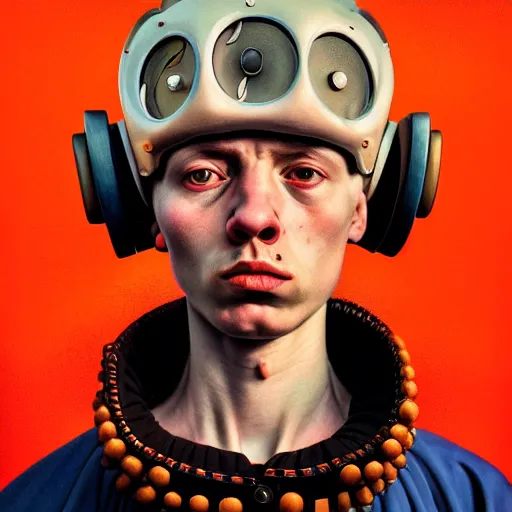 Image similar to Colour Brutal Caravaggio style Photography of Highly detailed brutal Gopnik with detailed face and wearing detailed retrofuturistic Ukrainian folk costume designed by Taras Shevchenko also wearing highly detailed retrofuturistic sci-fi Neural interface designed by Josan Gonzalez. Many details In style of Josan Gonzalez and Mike Winkelmann and andgreg rutkowski and alphonse muchaand and Caspar David Friedrich and Stephen Hickman and James Gurney and Hiromasa Ogura. Rendered in Blender and Octane Render volumetric natural light