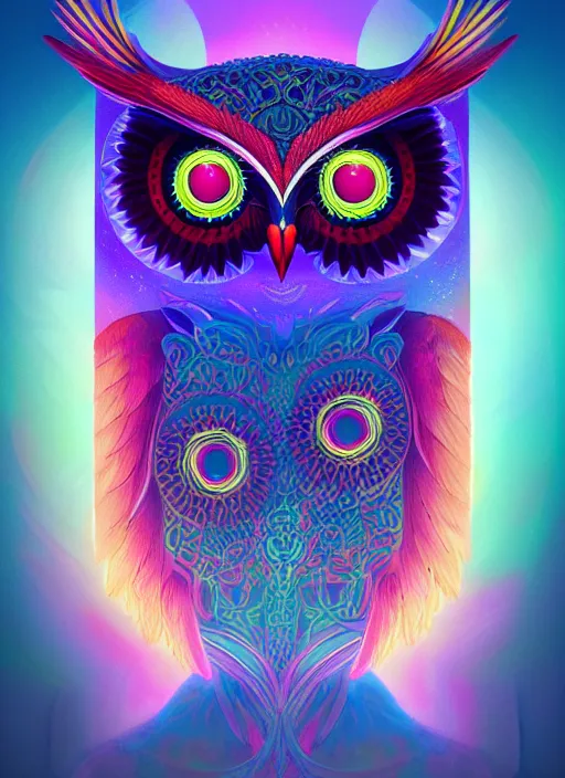 Image similar to symmetry!! product render poster vivid colors divine proportion owl, divine, glowing fog intricate, elegant, highly detailed, digital painting, artstation, concept art, smooth, sharp focus, illustration,