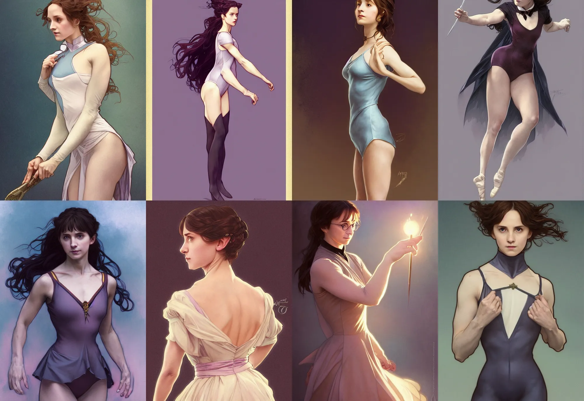 Prompt: full body portrait of female harry potter in elegant leotard portrait by artgerm and greg rutkowski and alphonse mucha, trending on artstation, cinematic light, pastel colors, volumetric shading, high radiosity dull skin, global illumination, radiant light, soft light, soft color dodge, subsurface scattering