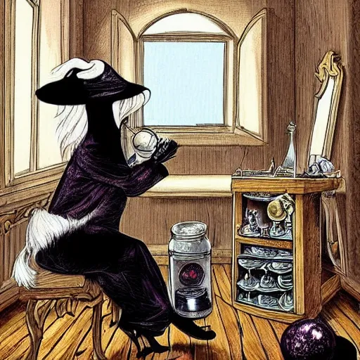 Image similar to a full body beautifull witch with white hair in an old room a cristal ball in a wood table with a potions and old instruments in the floor a white cat licking his paw in a fantasy style paiting