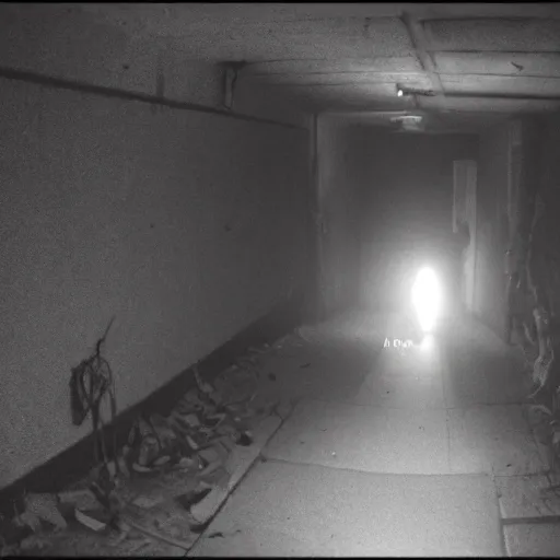 Image similar to hi - 8 night vision camera found - footage of a barely visible, human bipedal minotaur, shrouded in darkness at the end of an extremely dark, unlit hallway in a basement of an abandoned house