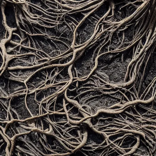 Prompt: photograph of pitch black, tar - like roots with lots of tendrils spreading everywhere, intricate detail, goopy, deep black roots, infestation