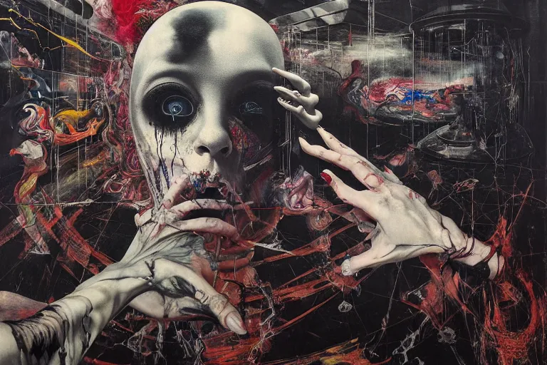 Image similar to The physical impossibility of death, in a brutalist architecture space ship, gothic, rich deep colours, creepy, diabolical, dark, mystical, intrincate, maximalism, painted by Francis bacon, Adrian ghenie, James jean and Petra cortright part by Gerhard Richter, part by Takato Yamamoto. 8k masterpiece