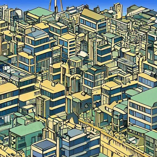 Prompt: japanese town, neighborhood, japanese city, underground city, modern city, tokyo - esque town, 2 0 0 1 anime, cel - shading, compact buildings, sepia sunshine