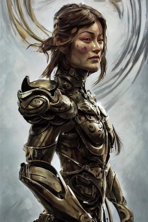 Image similar to a professionally painted portrait of Olivia Wilde, clothed in ancient battle armor, olive skin, long dark hair, beautiful bone structure, symmetrical facial features, face painted with camouflage, intricate, elegant, digital painting, trending on Artstation, concept art, smooth, sharp focus, illustration, from Metal Gear by Ruan Jia and Mandy Jurgens and Artgerm and and william-adolphe bouguerea, award winning