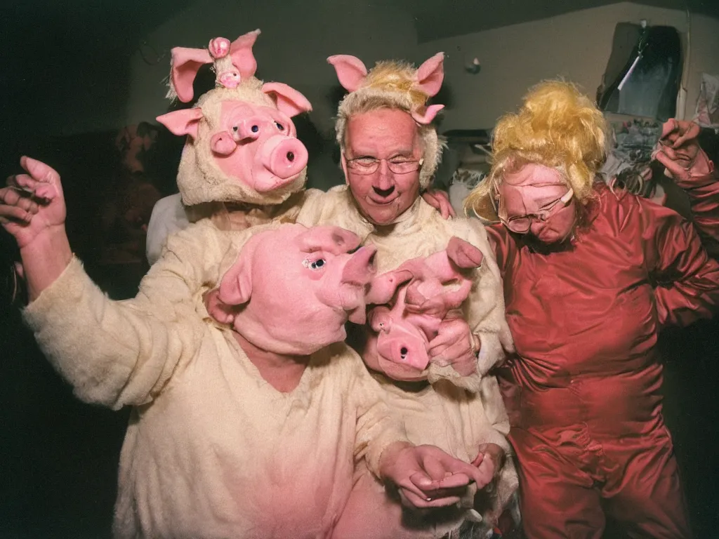 Prompt: a couple of grandparents of 1 0 0 years old wearing pig costume and dancing, extreme long shot, kodachrome, backlight, add a glow around subj. edge, in twin peaks, 1 9 9 0 s