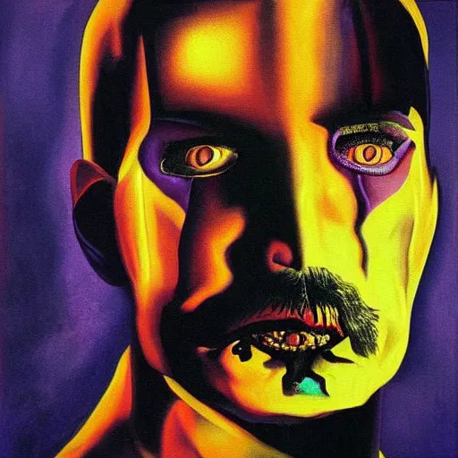 Prompt: Freddy Mercury and his internal demons, surrealist painting
