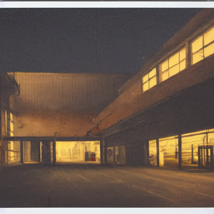 Prompt: liminal polaroid of a warehouse at night, art by dariusz zawadski, deep depth of field. highly detailed, hyper realism, hd, 4 k