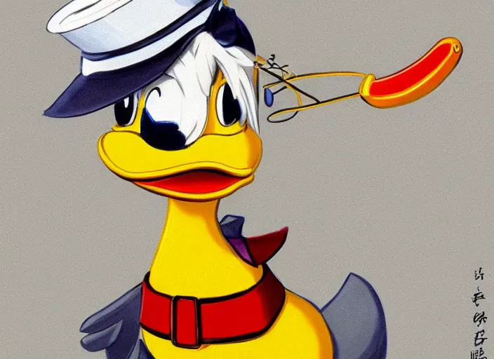 Prompt: detailed concept art of a cute iconic anthropomorphic duck character wearing a sailor suit by wlop on bcy. net, realistic. feathers, art by cheng yi. donald duck