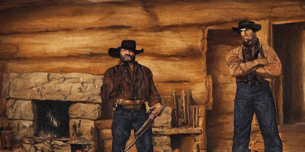 Prompt: in an old west cabin, close up shot a rugged, Dave Bautista cowboy standing (alone) at his fireplace, in the style of Fredrick Remington, oil painting