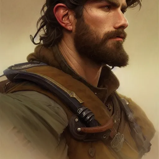 Image similar to portrait of a rugged ranger, handsome, muscular, 20 years old, D&D, fantasy, intricate, elegant, highly detailed, digital painting, artstation, concept art, matte, sharp focus, illustration, art by Artgerm and Greg Rutkowski and Alphonse Mucha