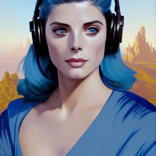 Image similar to Ashley Greene's face combined with Grace Kelly's face with blue hair wearing Power Armor and a headset, western, D&D, fantasy, intricate, elegant, highly detailed, digital painting, artstation, concept art, matte, sharp focus, illustration, art by Artgerm and Greg Rutkowski and Alphonse Mucha