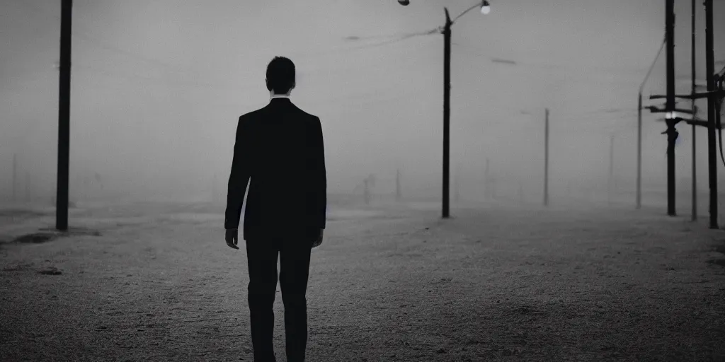 Image similar to a man wearing a dark suit, cinematic, 8 5 mm anamorphic lens, atmospheric, hazy, lights in the distance, depth of field