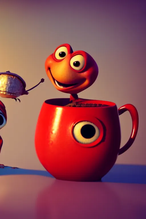 Image similar to a red ladybug with big eyes on side of a cup of coffee and a suggar pot at picnic. pixar disney 4 k 3 d render movie oscar winning trending on artstation and behance. ratatouille style.