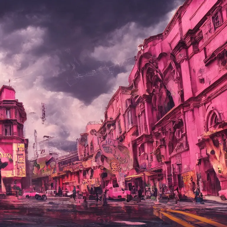 Prompt: oil painting, rich deep colors masterpiece, pink, punk, neon, ultra detailed, contrast, heaven pink, lots of roman arches, bright punk, punk rock, people with mohawks, clouds, sky, volumetric light, atmospheric lighting, dramatic, cinematic, steampunk, moody, octane render 4 k, 8 k