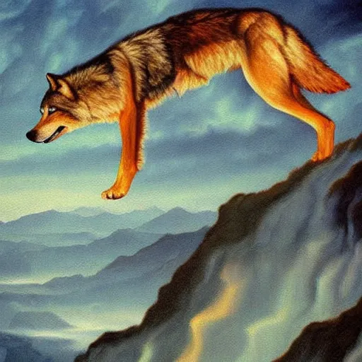 Prompt: wolf jumping off a cliff surreal painting