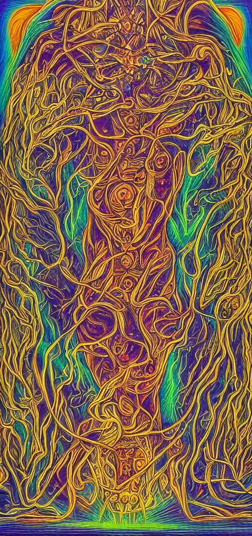 Image similar to alchemy and rosicrucianism fall in love, in the style of alex grey