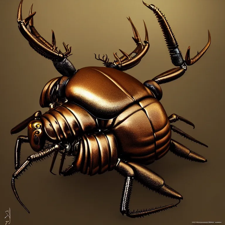 Image similar to steampunk stag beetle, biomechanical, very coherent symmetrical artwork, cinematic, 3 d model, unreal engine realistic render, 8 k, micro detail, intricate, elegant, highly detailed, centered, digital painting, smooth, sharp focus, illustration, artgerm, tomasz alen kopera, by wlop