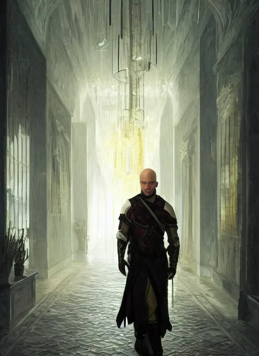Prompt: a young man with wide, intense eyes, standing in the hallway of a palace. he is bald and clean shaven, dressed entirely in white and holding a huge sword. the hallway is lit by glowing gemstones in lanterns. painting by greg rutkowski and raymond swanland