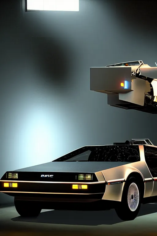 Image similar to photograph of the delorean from back to the future in half life 2, dark room, cinematic, volumetric lighting, hyperdetailed photograph