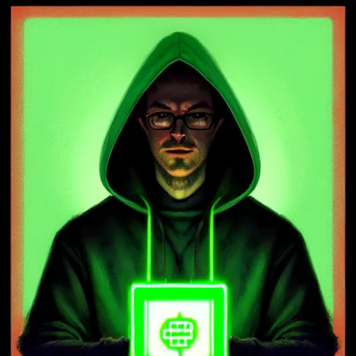 Prompt: portrait of a programmer with green hood by greg rutkowski, neon light