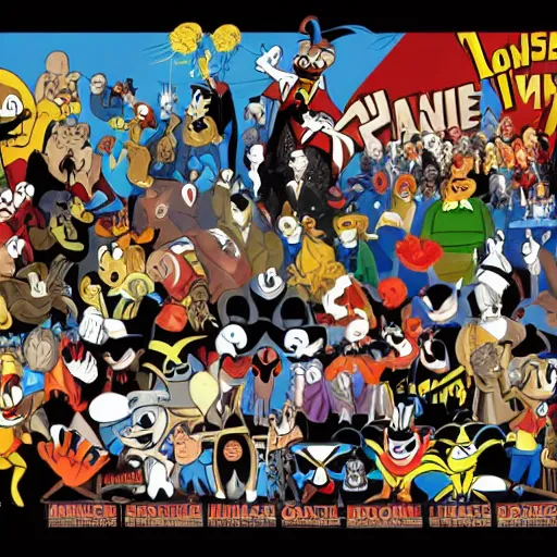 Image similar to Orchestra pit of various Looney Tunes characters playing a concert for a crowd of Marvel villains, realistic, photorealistic, 4k