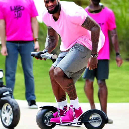 Image similar to paparazzi photo of Lebron James on a pink scooter in a skatepark, ultra high definition, professional photography, dynamic shot, smiling