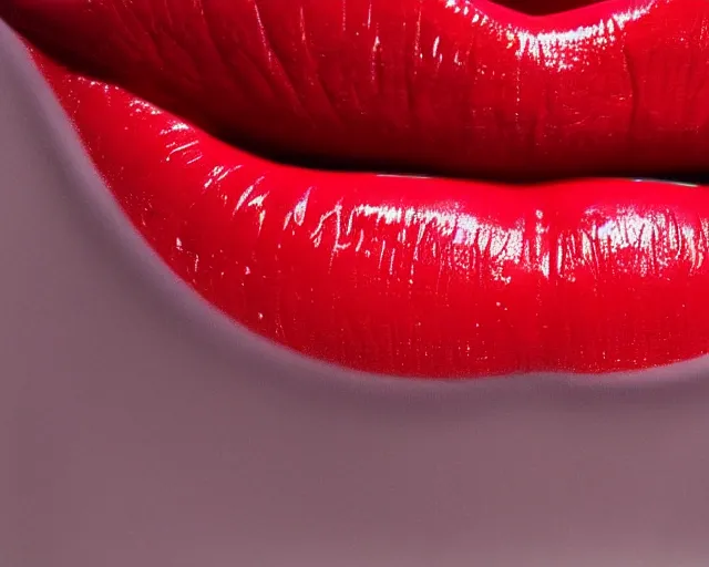 Image similar to big plump lips with red lipgloss reflecting on the surface. closeup