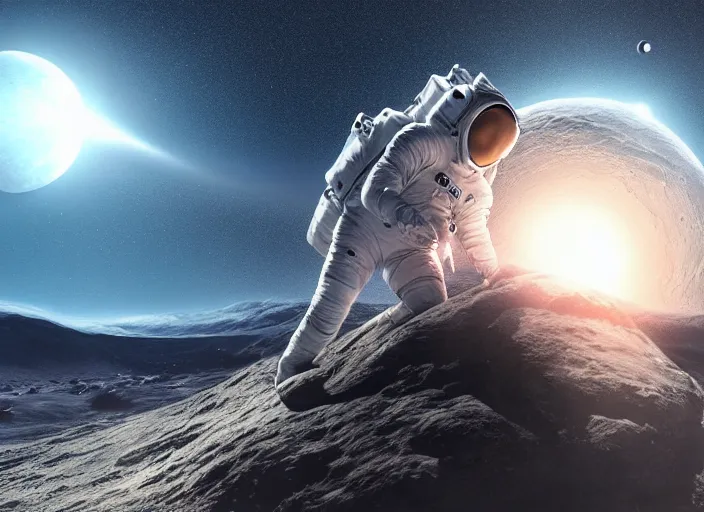 Prompt: digital art, trending on artstation, a man in an astronaut suit sitting on the moon while a planet is exploding in the background, lunar landscape, moody