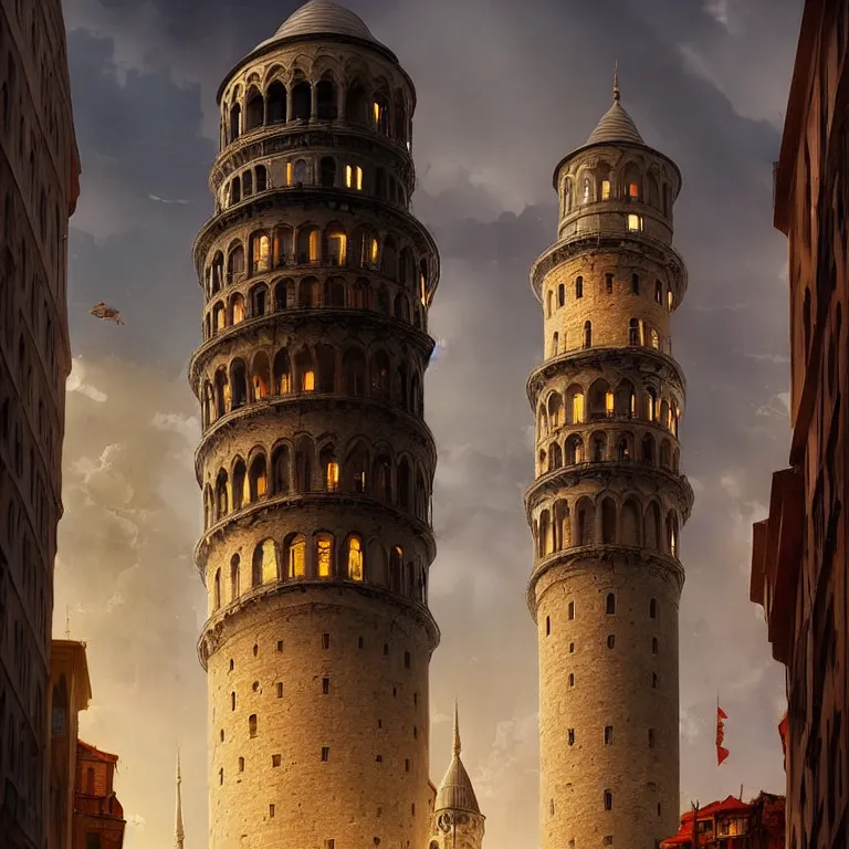 Prompt: the galata tower, by jordan grimmer and greg rutkowski, dramatic lighting, ultra hd, hdr, 8 k